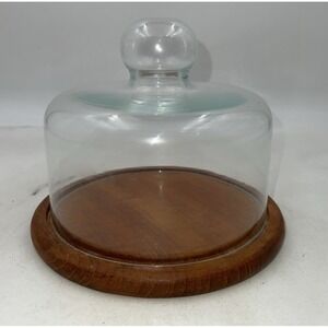 VTG Dolphin Teakwood Cheese Tray Dome Cloche Covered Glass Serving Dish